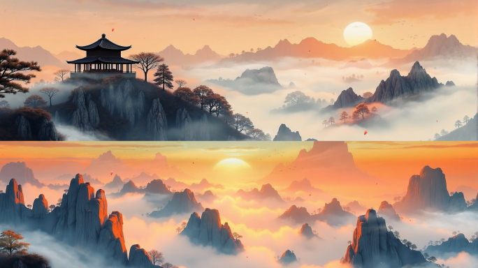 2款8k夕阳意境水墨画 唯美水墨山水画