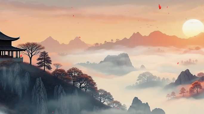2款8k夕阳意境水墨画 唯美水墨山水画