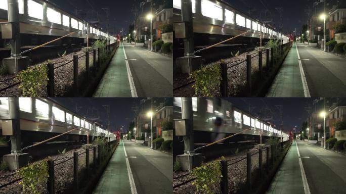 夜晚城市路边明亮夜间列车快速驶过铁轨声音