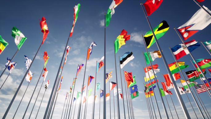 各国国旗飘扬万国旗帜一带一路联合国