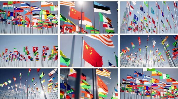 各国国旗飘扬万国旗帜一带一路联合国