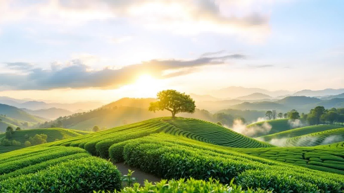茶园风光与日出云海