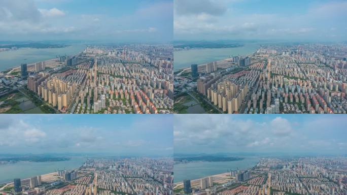 城市高楼林立航拍现代化城市海岸线海湾延时