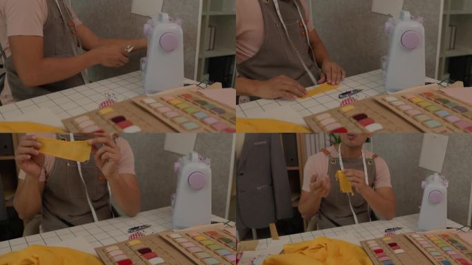 一位才华横溢的裁缝正在他的设计和缝纫工作室进行直播，教授简单的修补和基础裁缝技巧。