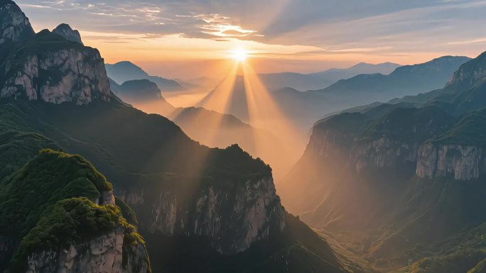 太行山丁达尔光 云雾缭绕山峦叠嶂