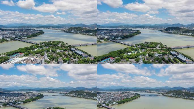 潮州航拍广济桥韩江河道市区山脉大景延时
