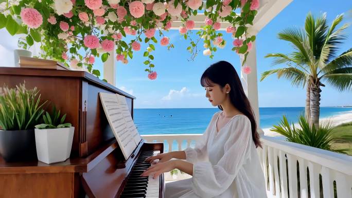 海边弹钢琴的优雅女性