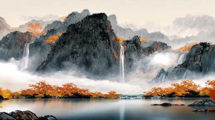 水墨山水意境云雾缭绕瀑布国风舞台背景