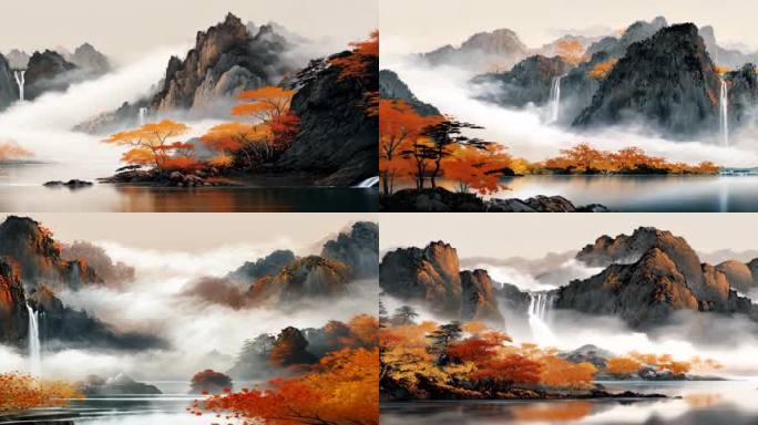 水墨山水意境云雾缭绕瀑布国风舞台背景