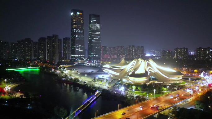 长沙地标梅溪湖艺术中心璀璨夜景航拍