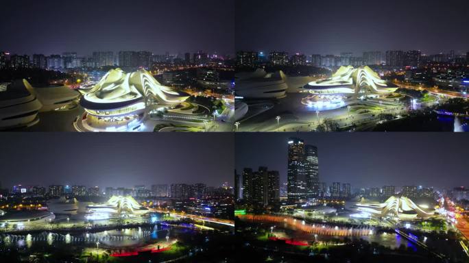 长沙地标梅溪湖艺术中心璀璨夜景航拍