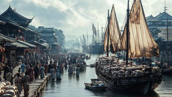 古代水运码头贸易繁荣景象