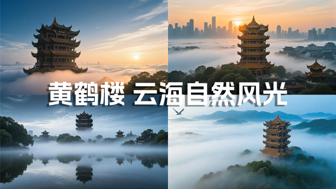 AIGC 黄鹤楼古建筑 云雾缭绕仙境航拍