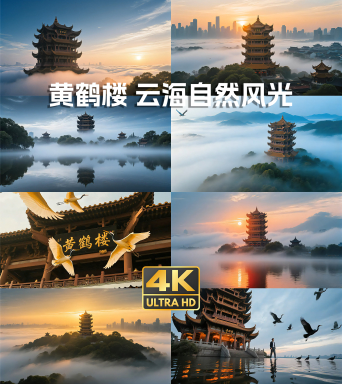 AIGC 黄鹤楼古建筑 云雾缭绕仙境航拍