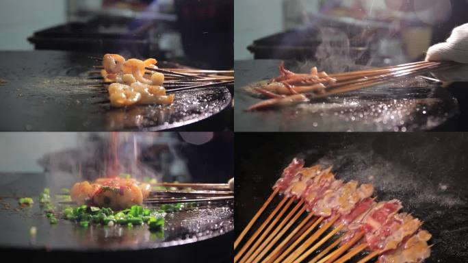 实拍烈火牛肉串