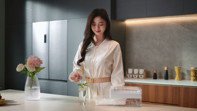 美女取冰喝水