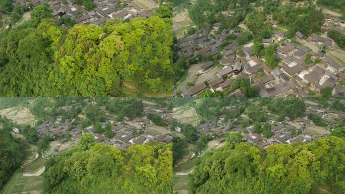 航拍山间古村落风光