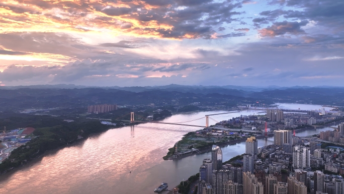宜昌城市大景 城市夜景与壮丽云霞宜昌江景