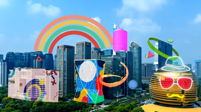 杭州城市地标卡通特效 赛博朋克城市