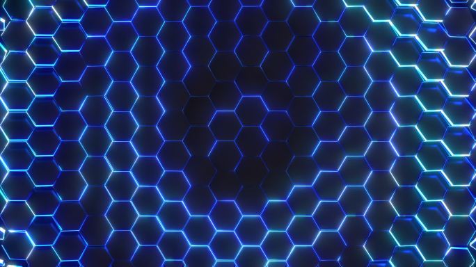 4k宽屏发光蓝色三维蜂窝六边形转场带通道