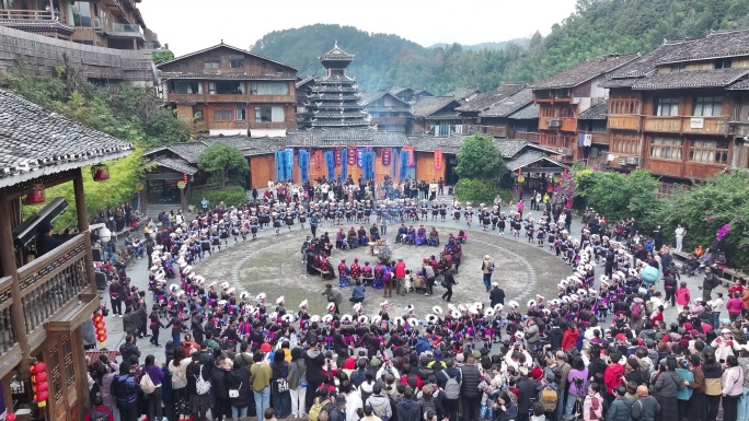 贵州肇兴侗寨侗年侗族祭萨大典仪式航拍