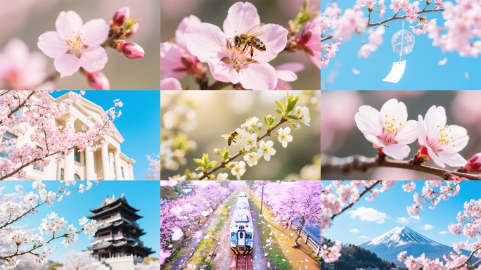 樱花桃花花瓣花朵开花盛开蜜蜂采蜜春天延时