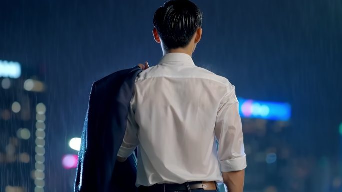 夜晚男子淋雨背影