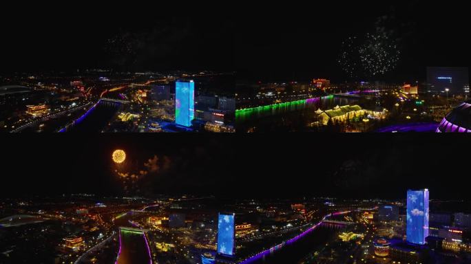 青海省海西州德令哈市区夜景航拍烟花秀