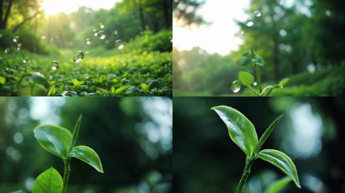 雨后森林的清新绿意茶叶嫩芽新芽绿茶
