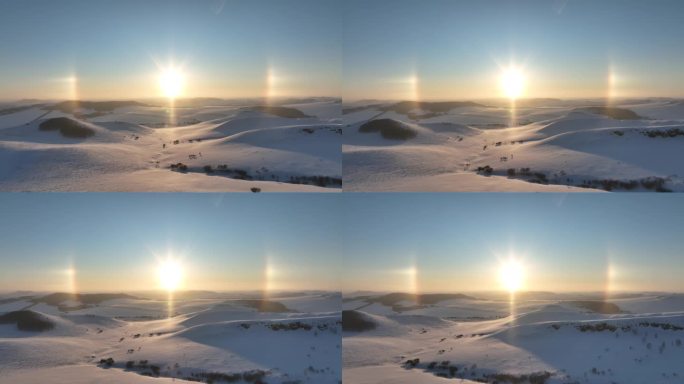 寒冬雪原灿烂夕阳唯美日晕