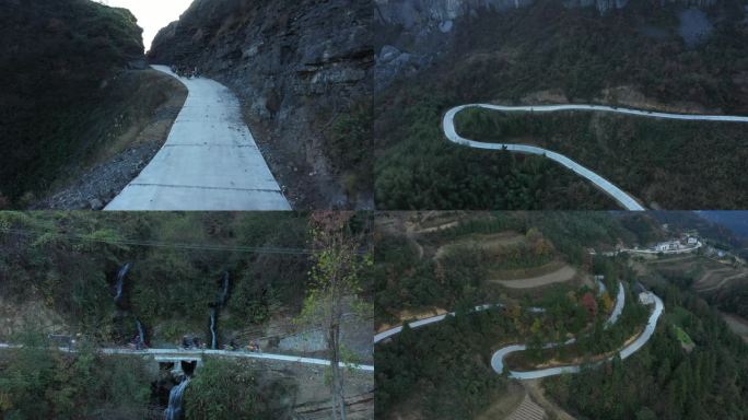 4K蜿蜒曲折的山路上村民骑摩托车运输山货