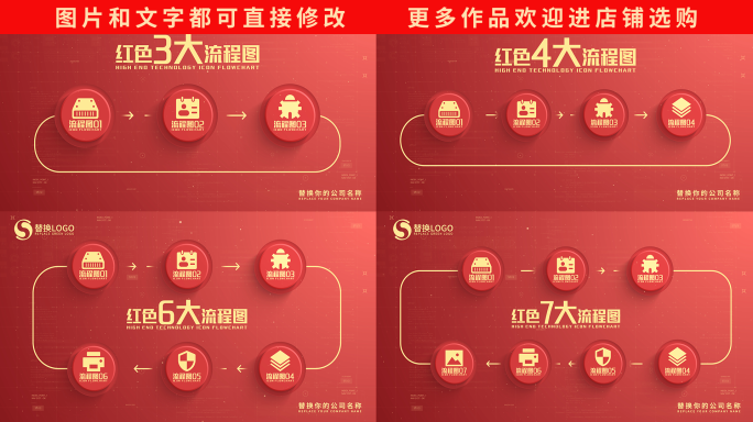 红色循环步骤流程图分类展示