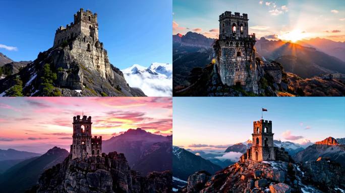 山顶的石塔、山上的古堡、废弃的古代建筑