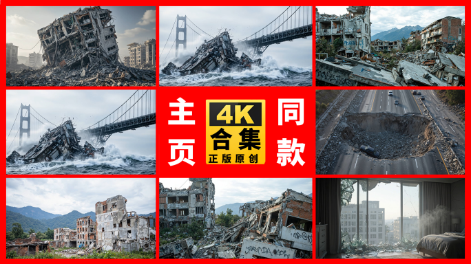 地震发生中建筑倒塌和灾难后的城市废墟