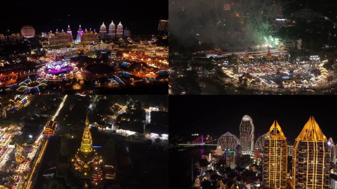 航拍西双版纳告庄夜市