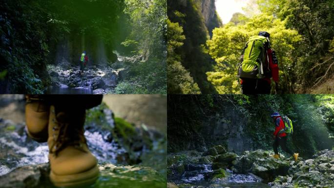 背包客徒步探险原始森林大自然小溪山谷河流