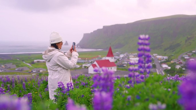 年轻女性在紫花狼毒花田中欢笑，背景是冰岛的一座教堂。