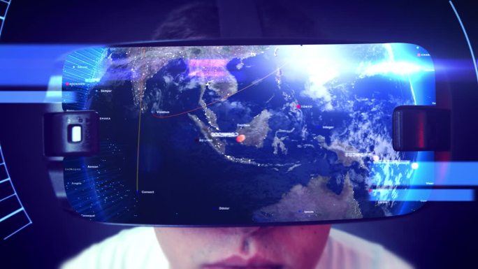 佩戴虚拟现实眼镜的男性沉浸式数字地球体验。