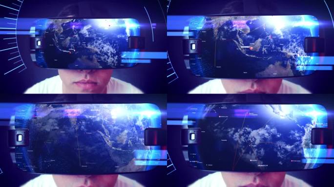 佩戴虚拟现实眼镜的男性沉浸式数字地球体验。