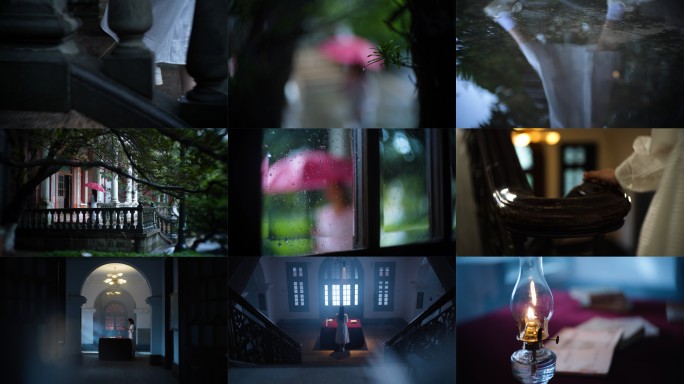 女生雨天探访百年建筑  看书写意
