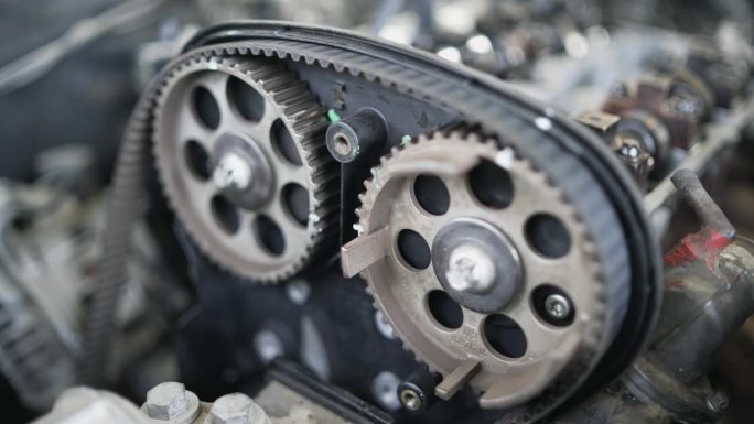 车间内汽车正时皮带和发动机部件的特写镜头