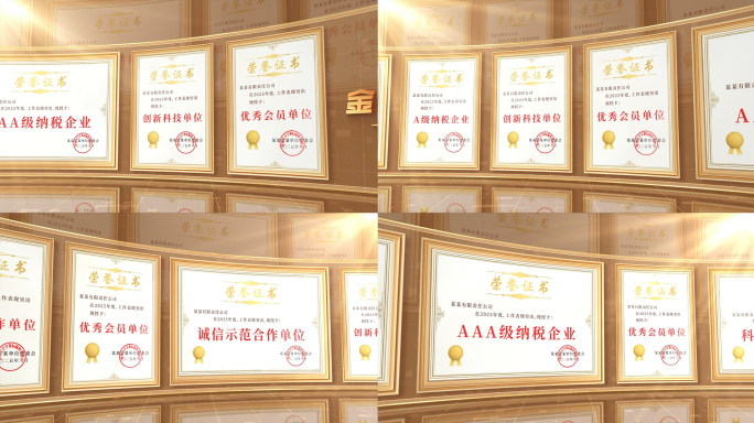金色荣誉墙证书墙专利奖牌展示