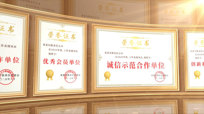 金色荣誉墙证书墙专利奖牌展示