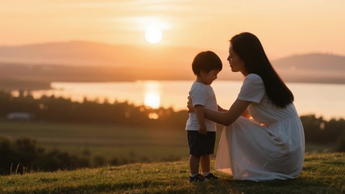 母亲节母子母女幸福家庭 夕阳下的母子