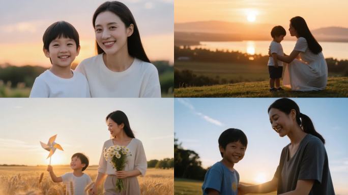 母亲节母子母女幸福家庭 夕阳下的母子