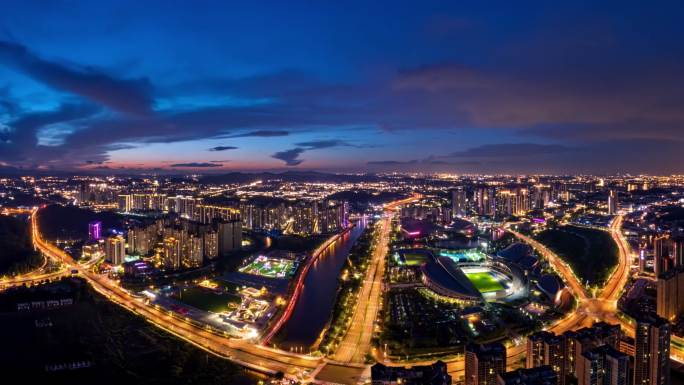 4K 航拍江门滨江新区晚霞延时摄影夜景
