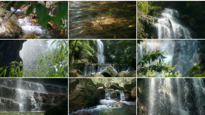 森林树荫下的瀑布流水溪流小溪