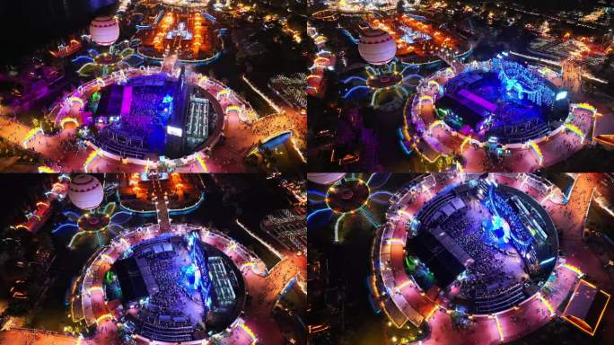 航拍西双版纳告庄星光夜市夜景灯光秀