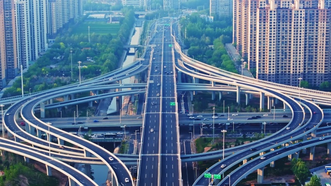 航拍城市高架桥延时城市风光