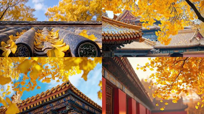 中式建筑秋天落叶红墙银杏梧桐叶中国风
